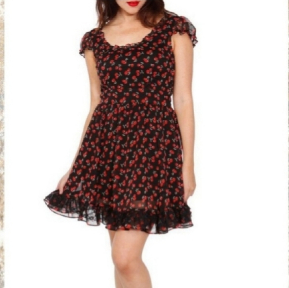 ROYAL BONES BLACK DRESS WITH RED CHERRIES,  SIZE MEDIUM
